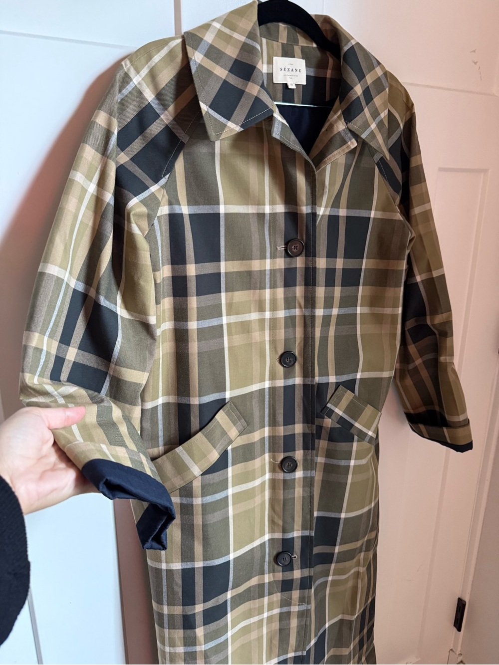 Sezane Clyde Plaid Long Trench Coat in Beige and Moss Green Checks, size 34. - Picture 6 of 10